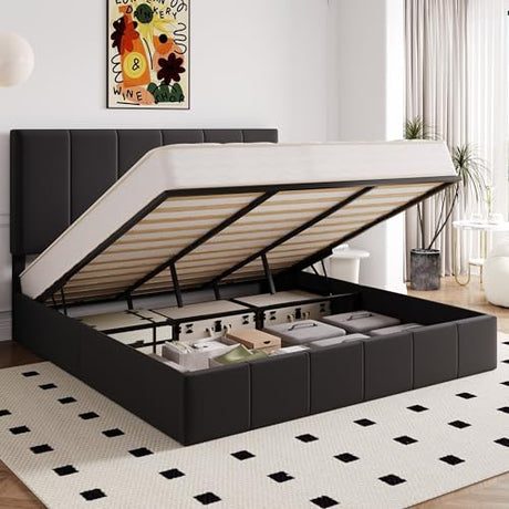 Allewie King Size Velvet Lift Up Storage Bed Frame, Vertical Channel Tufted Headboard, Hydrualic Underneath Storage, Upholstered Platform Bed, Wooden Slats Support, No Box Spring Needed, Black Allewie