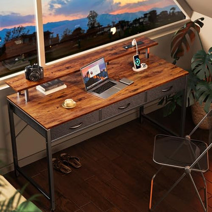 Huuger 55 inch Computer Desk with 3 Drawers, Office Desk Gaming Desk with LED Lights & Power Outlets, Home Office Desks with Storage Space for Bedroom, Work from Home, Rustic Brown - WoodArtSupply