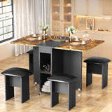 furlinkhm Folding Dining Table Set for 4, Dinner Table with 4 Leather Chairs and Shelves, Space Saving Foldable Dining Table with 6 Wheels, Kitchen Table for Small Spaces (Brown+Black) furlinkhm