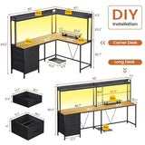 VIGKOOK L Shaped Gaming Desk with Shelves, Reversible Computer Desk with Power Outlet & LED Lights, Home Office Desks Writing Desk with 3 Drawers Monitor Stand Storage Hutch (Grey) VIGKOOK