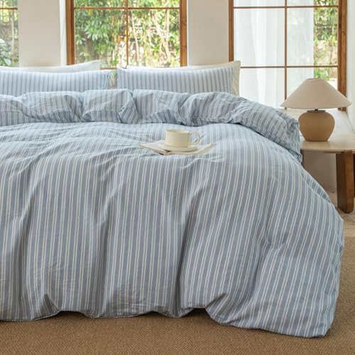 BESTDESIL Luxury 100% Washed Cotton Linen Like Duvet Cover Set,3 Pcs Striped Duvet Cover with Zipper Closure(Strip-Cornflower Blue/White,Queen) BESTDESIL