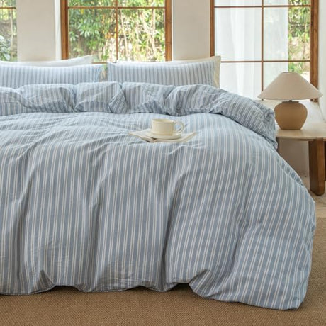 BESTDESIL Luxury 100% Washed Cotton Linen Like Duvet Cover Set,3 Pcs Striped Duvet Cover with Zipper Closure(Strip-Cornflower Blue/White,Queen) BESTDESIL