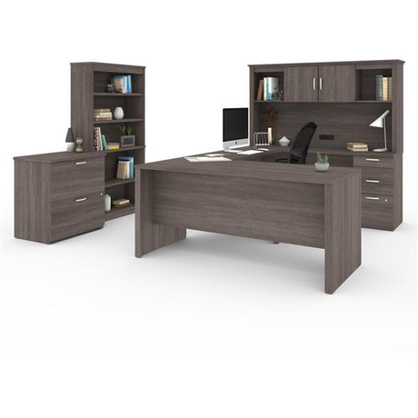 Pemberly Row Modern U-Shaped Engineered Wood Desk with Hutch File and Bookcase, Fully Reversible Unit, Assembly Required, for Home Office, in Bark Gray Finish Pemberly Row