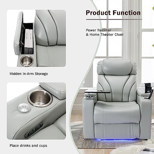 Merax Power Motion Recliner with USB Charging Port and Hidden Arm Storage, Home Theater Seating with Convenient Cup Holder Design,and Stereo(Light Grey)