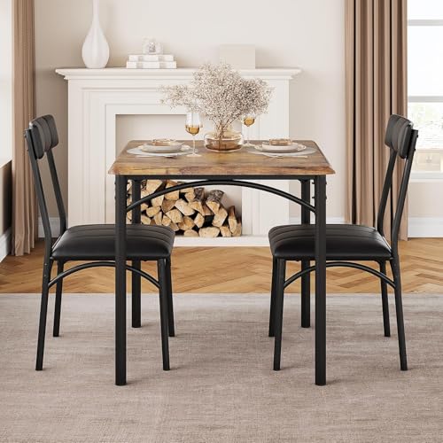 2-Person Dining Table Set (3 Pieces) - Square Kitchen Table & Cozy Upholstered Chairs,Ideal Small-Space Dining Set for Apartments, Studios,Practical 2-Seater Table Set for Kitchen/Dining Areas,Brown. Sunvasagoo