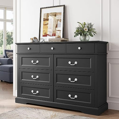 LINSY HOME Farmhouse 9 Drawers Dresser Chests for Bedroom, Wood Dresser Wide Chest of Drawers, Storage Dressers Organizer for Bedroom, Living Room,Hallway, SGS Certified - WoodArtSupply