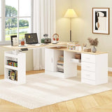 Timechee 63" Large Electric Standing Office Desk with Drawers, Modern Executive Deep L Shaped Computer Raising Stand up Desk with Shelves Storage for Home Office, Adjustable Height, White & Natural Timechee