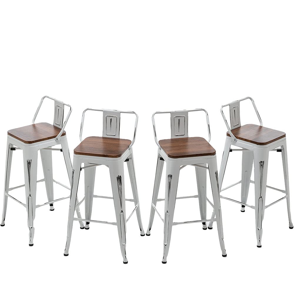 Andeworld Bar Stools Set of 4 Counter Height Stools Industrial Metal Barstools with Wooden Seats(24 Inch, Distressed White) Andeworld