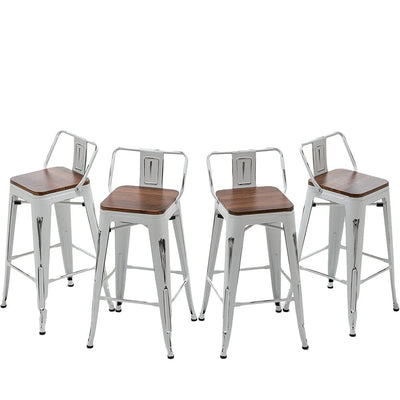 Andeworld Bar Stools Set of 4 Counter Height Stools Industrial Metal Barstools with Wooden Seats(24 Inch, Distressed White)