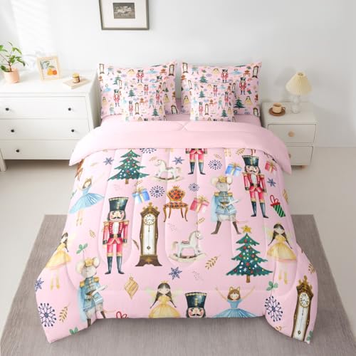 Erosebridal Pink Christmas Twin Size Comforter Set with Sheets Kids Nutcracker 7-Piece Bedding Set Carousel Soldier Bed in a Bag Ballet Girl Xmas Tree Bed Quilt Sets for Boy Girl Teen Adult Erosebridal