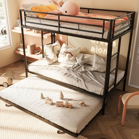 SUNLEI Bunk Bed Twin Over Twins with Trundle, Metal Loft Bed with 2 Secured Ladders, Trundle Beds Twin Safety Guard, Space-Saving, Noise Free for Small Bedroom, Black (Twin Over Twins) SUNLEI