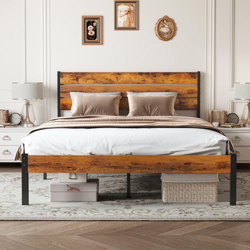 Sweetcrispy Queen Size Bed Frame with Headboard, 800LBS Mattress Foundation with All Sturdy Metal Support, Under Bed Storage, No Box Spring Needed, Easy Assembly, Rust Brown Sweetcrispy