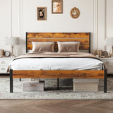 Sweetcrispy Queen Size Bed Frame with Headboard, 800LBS Mattress Foundation with All Sturdy Metal Support, Under Bed Storage, No Box Spring Needed, Easy Assembly, Rust Brown Sweetcrispy
