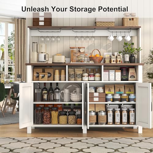 Buffet Sideboard with Storage Hutch with Power Outlets 4 Doors, Large Farmhouse Kitchen Storage Cabinet Wood Coffee Bar Cabinet with Goblet Holder and Cup Hooks for Kitchen, Dining Room, Entryway knoworld