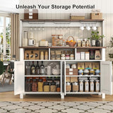 Buffet Sideboard with Storage Hutch with Power Outlets 4 Doors, Large Farmhouse Kitchen Storage Cabinet Wood Coffee Bar Cabinet with Goblet Holder and Cup Hooks for Kitchen, Dining Room, Entryway knoworld