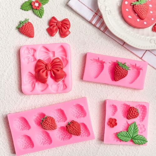 JOERSH 4PCS Strawberry Fondant Molds, Bow Fondant Silicone Molds, Fruit Baking Mold for Cake Decorating, Cupcake Topper, Chocolate, Candy, Candle, Clay