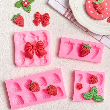 JOERSH 4PCS Strawberry Fondant Molds, Bow Fondant Silicone Molds, Fruit Baking Mold for Cake Decorating, Cupcake Topper, Chocolate, Candy, Candle, Clay JOERSH