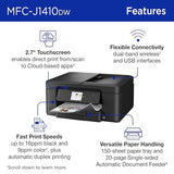 Brother Work Smart 1410 Wireless Color Inkjet All-in-One Printer with 2.7” Touchscreen and Automatic Duplex Printing | Includes Refresh Subscription Trial(1) (MFC-J1410DW)