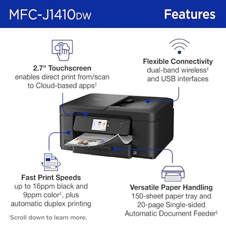 Brother Work Smart 1410 Wireless Color Inkjet All-in-One Printer with 2.7” Touchscreen and Automatic Duplex Printing | Includes Refresh Subscription Trial(1) (MFC-J1410DW) Brother