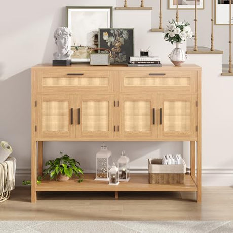 FiveWillowise Buffet Sideboard Cabinet with Open Storage, Boho Storage Cabinet with Rattan Doors and Drawers, Rattan Console Table Coffee Bar Buffet Table for Entryway, Kitchen, Living Room FiveWillowise