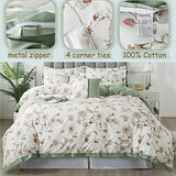 FADFAY Floral Bedding Set Full 100% Cotton Shabby and Chic Beige Green Reversible Duvet Cover Vintage Pink Flower Print Bed Covers Luxury Girls Pretty Bowknot Soft Crisp Zipper Comforter Cover 3Pcs FADFAY