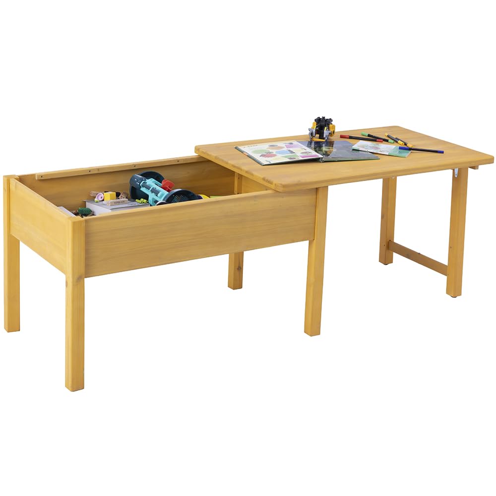 BIRASIL Wooden Kids Sensory Tables with Folding Lid, Activity Table for Children, Elevated Play Tables with Storage for Indoor Outdoor, Yellow BIRASIL
