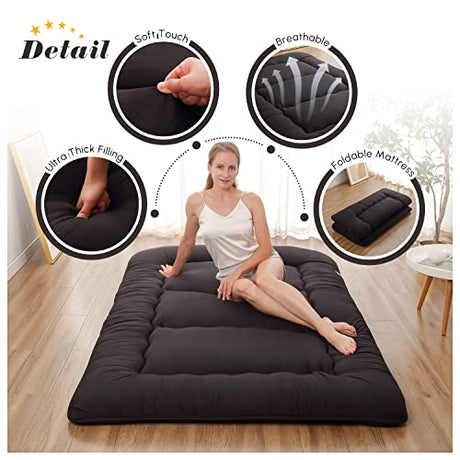 Zelladorra Japanese Floor Mattress, Futon Mattress with Portable Storage Bag and Washable Cover, Roll Up Thick Tatami Mat Suitable for Camping, Guest Room, Black, Twin Zelladorra