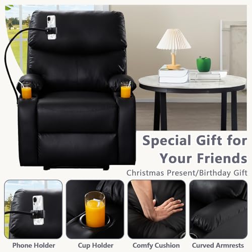Manual Recliner Chair,PU Leather Reclining Chairs with Phone Stand & Cup Holders,Overstuffed Single Sofa Recliner for Adults,Living Room Bedroom Home Theater (Black)
