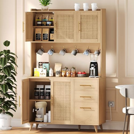 Rovaurx 70.9" Kitchen Pantry Cabinet with Microwave Shelf, Rattan Freestanding Storage Cabinet with Charging Station, Sideboard Buffet Cabinet with Drawers and Doors, Natural KBG002ME Rovaurx