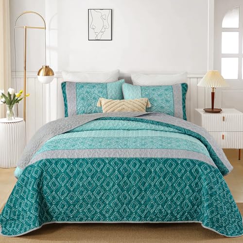 Cottolester Teal Quilt Set Full Size,Striped Plaid Bedspread,Blue Boho Bedding Set Soft Microfiber Quilt for Teens Boys Adults 78"x90" Cottolester