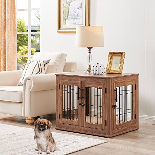 beeNbkks Furniture Style Dog Crate End Table, Double Doors Wooden Wire Dog Kennel with Pet Bed, Decorative Pet Crate Dog House Indoor Medium Large beeNbkks