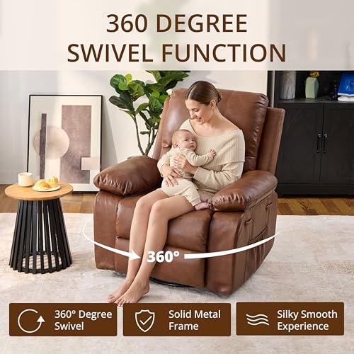 zzlay 360° Swivel Rocking Leather Recliner Chair for Adults, Overstuffed Manual Recliner with Spring Cushion, Glider Rocking Nursery Single Sofa with Side Pockets for Living Room, Camel