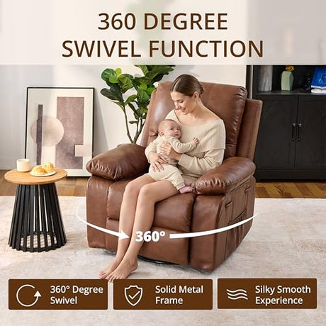 zzlay 360° Swivel Rocking Leather Recliner Chair for Adults, Overstuffed Manual Recliner with Spring Cushion, Glider Rocking Nursery Single Sofa with Side Pockets for Living Room, Camel zzlay