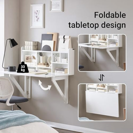Haotian Wall Mounted Folding Table Drop-Leaf Floating Trestle Desk Computer Writing Workstation with Storage Compartments, White FWT07-II-W Haotian