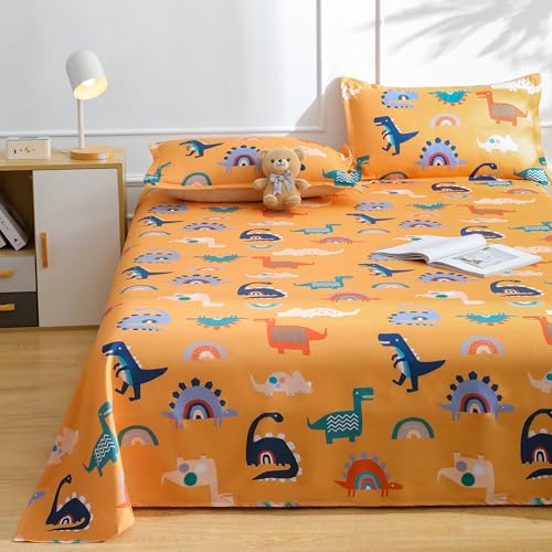 IngeCrafts Cartoon Dinosaur Kids Sheet Set Full Size - Orange Dinosaur & Rainbow Bed Sheet Set 4 Piece, Soft Microfiber Cartoon Dino Bedding with Deep Pocket IngeCrafts
