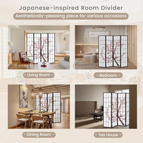 Giantex Room Divider, 4 Panel 6FT Room Dividers, Folding Privacy Screen, Oriental Shoji Screen for Room Separation, Portable Freestanding Japanese Wall Partition with Plum Blossom Design, White Giantex