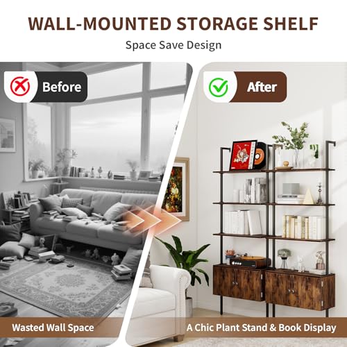CAMOAT 70" Tall Bookshelf with Cabinet,Wall Mounted Bookcase with Shelves & Storage,Blanket Ladder&Bathroom Wall Shelf,Open Industrial Shelf,4-Tier Display Rack for Living Room,Bedroom,Home Office CAMOAT