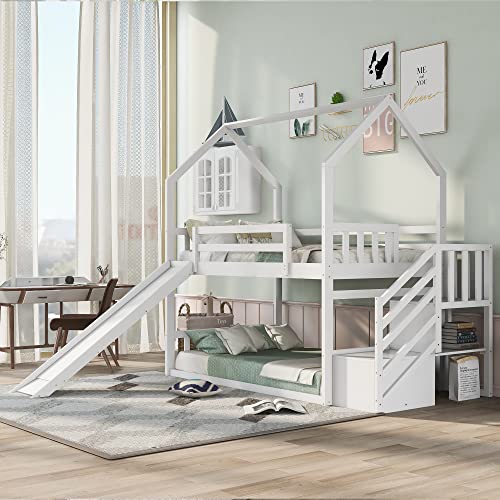 Twin Over Twin House Bunk Bed Frames with Slide and Storage Staircase, No Box Spring Needed, White Merax