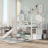 Twin Over Twin House Bunk Bed Frames with Slide and Storage Staircase, No Box Spring Needed, White Merax