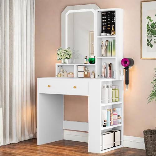 YITAHOME Vanity Desk with Adjustable LED Mirror, Jewelry Organizer, and Ample Storage Options for Bedroom and Dressing Room - WoodArtSupply