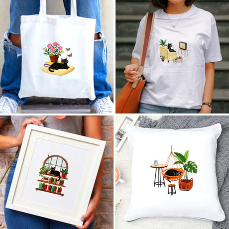 BEUNITONE 4 Set Embroidery Kit for Beginners, Daily Life of Cats Patterns Cross Stitch Kits, Needlepoint Kits for Adults with Hoop, Cute Hand Embroidery Patterns for Cloth and Home Decor BEUNITONE