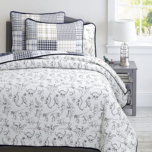 Cozy Line Home Fashions Benjamin Cute Dinosaur Plaid Navy Blue White Grey Bedding Quilt Set 100% Cotton Reversible Coverlet Bedspread Set for Kids Boy(Twin - 2 Piece) Cozy Line Home Fashions