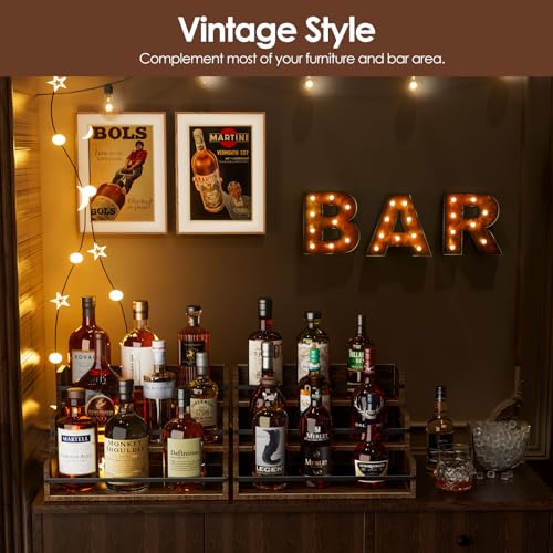 Nuovoware Liquor Bottle Display Shelf Countertop, 3 Step Wood Coffee Syrup Organizer with Handle Fence, 12-Bottle Liquor Display Home Retro Wine Rack for Liquor Whiskey Wine Coffee Syru, Wooden Nuovoware