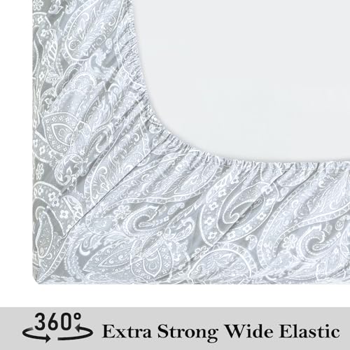 KACEMOO Bed Sheets Twin Size Light Gray Paisley Sheets Printed Floral Sheet Set Flower Pattern Deep Pocket Fitted Bed Sheet Set Microfiber Soft Breathable 1800 Thread Count Single Bedding Set KACEMOO