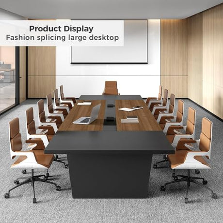 Nuipesn 118 Inch Rectangular Conference Table, 10FT Meeting Table for 10-12, Built-in Power Outlets & USB Charging Ports, Cable Management Box, 2 Inch Thick Top, Walnut/Grey Nuipesn