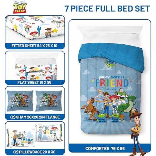 Jay Franco Kids Comforter Set Includes Sheets and Pillow Cover - Soft and Cozy Bed Set for Stylish Room Decor, Blue - Toy Story, 7 Piece Full Jay Franco