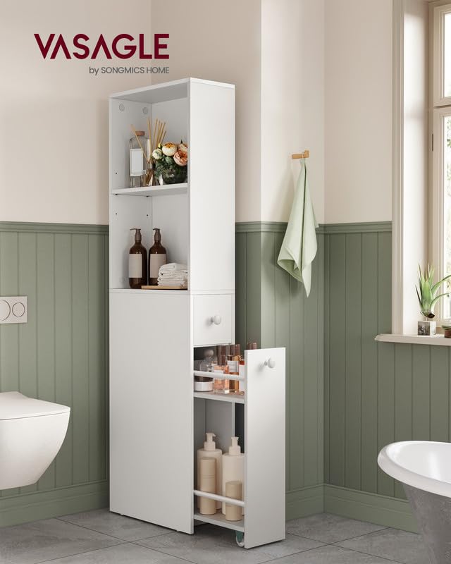 VASAGLE Slim Bathroom Storage Cabinet, Narrow Bathroom Cabinet, Freestanding Cabinet with Storage Drawers and Adjustable Shelf, for Small Spaces, Modern Style, Classic White UBBK567T14