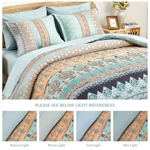 LXWORX Boho Comforter Set King Size Sage Green - 7 Pieces Bohemian Floral Striped Comforter and Sheet Set, Soft Bed in a Bag Complete Bedding Sets King Size for All Season (Sage Green,King) LXWORX