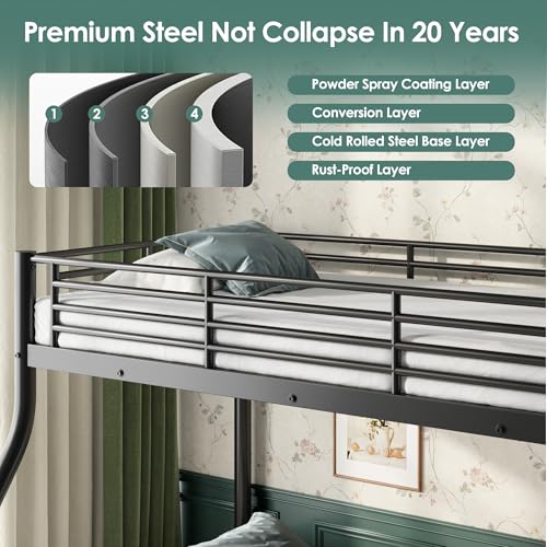 Cyranture Twin XL Over Queen Bunk Bed Size, Heavy Duty Bunk Beds with Bottom Space & Guardrail Metal Bunk Bed Frame for Adults Dorm Bedroom Guest Room, No Box Spring Needed（Upgrate Black） Cyranture