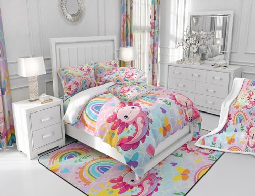 Feelyou Cute Axolotl Comforter Cartoon Salamander Comforter Set for Kids Boys Girls Rainbow and Butterflies Bedding Set Ombre Quilt Set Bedroom Collection 2Pcs Twin Size Feelyou